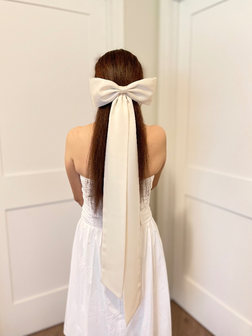 Handmade White Satin Wedding Hair Bow with Long Tails